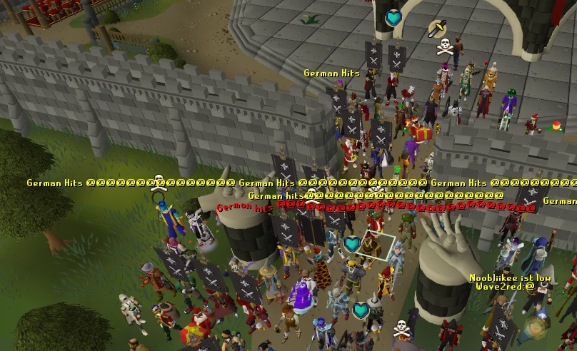 Große Clan-Versammlung vor einer Burg, viele Spieler schreiben „German Hits“