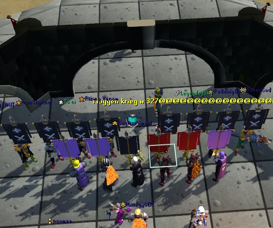 Clan-Mitglieder mit Flaggen bei einem Clan-Event in Old School RuneScape